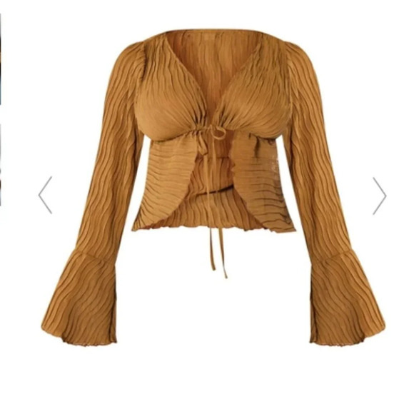 Sheer Plisse Tie Front Flute Sleeve Blouse Small - Picture 2 of 5